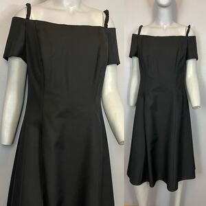 Vintage 80s Black Off The Shoulder Midi Dress Skater Dress Prom Formal Med.